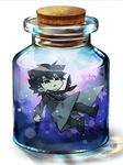  black_eyes black_hair bottle chibi emiya_kiritsugu falling fate/zero fate_(series) imme_111 in_bottle in_container long_coat male_focus parody solo submerged underwater 