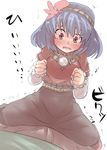  blue_hair blush commentary_request cowgirl_position gaoo_(frpjx283) girl_on_top hairband hetero long_sleeves red_eyes short_over_long_sleeves short_sleeves skirt solo straddling tears touhou trembling wavy_mouth white_background yasaka_kanako 