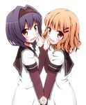  aikawa_ryou blush brown_eyes brown_hair cheek_pinching furutani_himawari hair_ornament hairband hairclip holding_hands long_sleeves looking_at_viewer multiple_girls nanamori_school_uniform oomuro_sakurako pinching purple_hair school_uniform serafuku short_over_long_sleeves short_sleeves simple_background sweatdrop white_background yuru_yuri 