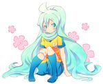  enari flower green_eyes green_hair inazuma_eleven_(series) inazuma_eleven_go inazuma_eleven_go_chrono_stone lightning_bolt long_hair manto_(inazuma_eleven) raimon raimon_soccer_uniform simple_background sitting soccer_uniform solo sportswear very_long_hair white_background 