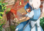  apron blue_hair cirno closed_eyes drooling facial_mark hat hong_meiling izayoi_sakuya long_hair marker multiple_girls open_mouth red_hair shibasaki_shouji short_hair sleeping touhou waist_apron white_hair 