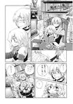  1girl ahoge aki_eda blush clock collar comic doraemon doujinshi glasses greyscale happy highres kirisame_marisa long_hair monochrome morichika_rinnosuke phone short_hair sign stop_sign sword television touhou translated weapon younger 