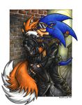  anti-tails belt belt_buckle boots buckle chest_rub exhibitionism eyes_closed eyewear gay kissing leather leather_belt leather_boots leather_jacket male miles_(anti-tails) petting public public_place scourge_the_hedgehog sega sonic_(series) souldreamx sunglasses tongue wall 