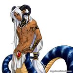  arm_bracelet armband bracelet clothing dagger_leonelli ear_piercing furry-specific_piercing hair horn horn_piercing jewelry lamia loincloth long_hair male naga necklace nipple_piercing nipple_ring nipples piercing plain_background red_eyes reptile scalie snake solo white_background white_hair 