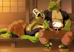  5_toes alcohol aledonrex anthro bandage beverage biceps blush child chinese_dragon clothing digitigrade dragon drinking drunk father father_and_son green_dragon green_skin horn male morenatsu muscles open_shirt parent pecs reptile sake sandals scalie shirt son tappei tatsuki toes tongue young 