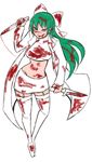  blood bloody_clothes bloody_knife boots bow breasts crop_top dual_wielding garter_straps green_hair hair_bow holding knife long_coat long_hair midriff purple_eyes skirt small_breasts thigh_boots thighhighs yurikawa_saki zombie zombie-ya_reiko 