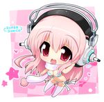  bikini breasts checkered checkered_background chibi cleavage hahifuhe headphones heart medium_breasts navel nitroplus open_mouth pink_hair red_eyes scarf side-tie_bikini solo star striped striped_bikini super_sonico swimsuit thighhighs white_legwear 