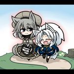  ^_^ animal_ears capelet closed_eyes fang green_hair grey_hair hat multiple_girls open_mouth pixiv_fantasia pixiv_fantasia_sword_regalia ponytail skirt smile tail tree_stump white_hair wolf_ears wolf_tail yanagi_(nurikoboshi) 