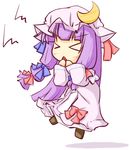  &gt;_&lt; :&lt; chibi closed_eyes crescent dress hand_to_own_mouth hat long_hair natsuki_(silent_selena) patchouli_knowledge purple_hair solo touhou white_background 