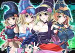  :d bare_shoulders blonde_hair blue_eyes breasts brown_eyes brown_hair bxssp754 card_ejector choker cleavage collarbone commentary_request dark_magician_girl duel_monster elbow_gloves gagaga_girl gloves green_eyes hat large_breasts magi_magi_magician_gal magician's_valkyria multiple_girls open_mouth pentacle pentagram purple_eyes smile v w witch_hat yuu-gi-ou 