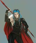  alternate_costume bad_id bad_pixiv_id blue_background blue_hair cape earrings elbow_gloves fate/stay_night fate_(series) fingerless_gloves gae_bolg gloves grey_background jewelry jun_(ash) lancer long_hair male_focus polearm red_eyes simple_background solo spear weapon 