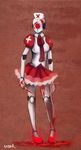  female hat knife machine mechanical medical nurse nurse_hat red red_eyes red_theme robot saylor severed_arm skirt solo white white_body 
