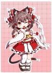  animal_ears ascot bell bell_collar blush bow brown_hair cat_ears cat_tail chibi collar detached_sleeves dnk gohei hair_bow hair_tubes hakurei_reimu kemonomimi_mode kneehighs mary_janes navel one_eye_closed open_mouth shirt shoes single_kneehigh single_thighhigh skirt skirt_set smile solo tail thighhighs touhou white_legwear 