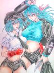  ballpoint_pen_(medium) blue_eyes breasts choker crop_top cropped_jacket garter_straps gloves green_hair hair_ribbon hat knife large_breasts long_hair michirow666 midriff multiple_girls navel necktie peaked_cap ribbon shirt short_hair short_shorts short_sleeves shorts siblings sisters taut_clothes taut_shirt thighhighs tongue tongue_out traditional_media yurikawa_midori yurikawa_saki zombie zombie-ya_reiko 