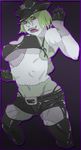  belt boots breasts fang garter_straps gloves green_hair hat large_breasts negotiation peaked_cap purple_lips red_eyes saliva short_hair short_shorts shorts skull_and_crossbones solo stitches thigh_boots thighhighs tongue tongue_out underboob yurikawa_midori zombie zombie-ya_reiko 