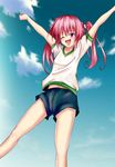  absurdres arms_up bad_id bad_pixiv_id belly_peek cloud day fang gym_shorts gym_uniform highres joker_(animero) long_hair nana_asta_deviluke navel one_eye_closed pink_hair purple_eyes shorts sky smile solo to_love-ru twintails 