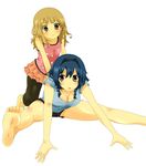  barefoot blonde_hair blue_hair braid breasts brown_eyes casual cleavage collarbone furutani_himawari hair_ornament hairband hairclip highres leaning_forward leggings medium_breasts multiple_girls odamanoe oomuro_sakurako pushing simple_background small_breasts stretch toes twin_braids white_background yuru_yuri 