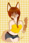  bracelet breasts brown_hair clothed clothing female hair jewelry midriff navel navel_piercing necklace pattern_background piercing plain_background purple_eyes shorts solo taiama tube_top yellow_background 