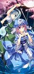  aqua_eyes cherry_blossoms dress dual_wielding full_moon hair_ribbon hat highres holding katana konpaku_youmu konpaku_youmu_(ghost) moon multiple_girls ribbon saigyouji_yuyuko sandals short_hair silver_hair smile sword t-ray touhou triangular_headpiece weapon 