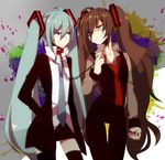  aqua_eyes aqua_hair bad_id bad_pixiv_id black_hair chain collar dark_persona dual_persona eyepatch hatsune_miku leash long_hair multiple_girls necktie oniyama831 red_eyes skirt smile thighhighs twintails very_long_hair vocaloid zettai_ryouiki 