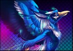  avian beak bioluminescence blue blue_feathers blue_sclera chest_tuft collaboration dagger_leonelli feathers fur glowing glowing_spots gryphon hair long_hair looking_at_viewer male nude orange04 pattern_background phe red_eyes solo tuft wings 