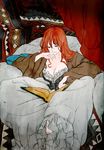  absurdres barefoot bed book breasts cleavage corset cushion hand_on_own_chin highres large_breasts long_hair maou_(maoyuu) maoyuu_maou_yuusha ozaki_tomomi reading red_eyes red_hair solo 
