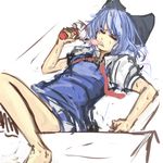  bare_legs barefoot blue_hair cirno closed_eyes dress electric_fan fanning_face flat_chest food highres hot panties_(pantsu-pirate) popsicle short_hair solo sweat touhou 