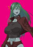  blue_skin breasts choker covered_nipples crop_top cropped_jacket green_hair hair_ribbon large_breasts licking_lips lipstick long_hair makeup midriff navel no_pupils purple_lipstick ribbon short_shorts shorts solo tongue tongue_out unbuttoned uraraku_shimuni yurikawa_saki zombie zombie-ya_reiko 