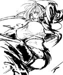  boots breasts crop_top cropped_jacket garter_straps greyscale knife large_breasts long_hair monochrome mouth_hold short_shorts shorts solo taamo_yu thigh_boots thighhighs yurikawa_saki zombie zombie-ya_reiko 