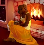  &#9774; blue_eyes bricks brown_fur canine chocolate_lab chocolate_labrador clothing crossed_legs cute demicoeur dog dress facial_markings female fire fireplace fur hot_chocolate labrador mammal markings orange_skirt shirt shirt_logo sitting snow snowing solo steam tank_top warm_colors window yellow_shirt 