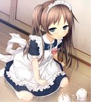  apron blue_eyes broken brown_hair character_name cura full_body highres kneeling long_hair maid maid_headdress monobeno name_tag sawai_natsuha solo tears two_side_up wooden_floor 