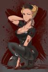  ;o bad_id bad_pixiv_id black_legwear blonde_hair blood blood_on_face blood_stain breasts brunette_(realsyaoran) cleavage dorohedoro earrings hair_up hat jewelry medium_breasts noi_(dorohedoro) nurse nurse_cap one_eye_closed one_knee pantyhose red_eyes solo 