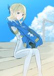  bangs blonde_hair blue_eyes bow cloud day eureka_seven_(series) eureka_seven_ao fleur_blanc hair_bow headwear_removed helmet helmet_removed looking_at_viewer parted_lips pilot_suit railing rikkukku short_hair sitting sitting_on_stairs sky solo stairs 