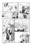  1girl ahoge aki_eda blush chibi comic doujinshi glasses greyscale happy highres hug kirisame_marisa long_hair monochrome morichika_rinnosuke no_hat no_headwear scarf short_hair touhou translated younger 