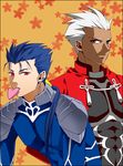  archer blue_hair dark_skin dark_skinned_male earrings fate/stay_night fate_(series) floral_background grey_eyes heart jewelry lancer long_hair male_focus mazaki_kei mouth_hold multiple_boys orange_background ponytail red_eyes white_hair 