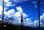  bad_id bad_pixiv_id black_hair brown_eyes cloud full_moon grass highres mogumo moon original power_lines school_uniform serafuku short_hair skirt sky smile solo telephone_pole transformer 