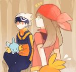  1girl bandana black_hair brown_hair drawr gen_3_pokemon haruka_(pokemon) mudkip pokemon pokemon_(creature) pokemon_(game) pokemon_rse sitting torchic yayo_(watankonasu) yuuki_(pokemon) 