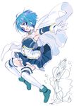  amezawa_koma armpits blue_eyes blue_hair boots cape chibi chibi_inset detached_sleeves frills gloves jumping looking_at_viewer magical_girl mahou_shoujo_madoka_magica miki_sayaka oktavia_von_seckendorff open_mouth outstretched_arm short_hair simple_background skirt smile thighhighs white_background white_gloves white_legwear zettai_ryouiki 