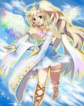  angel angel_wings bad_id bad_pixiv_id bare_shoulders blonde_hair brown_eyes cloud detached_sleeves flying halo long_hair open_mouth original rainbow_order shiawase_usagi side_ponytail sky solo sparkle wings 