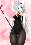  absurdres ameyoshi animal_ears aqua_eyes breasts bunny_ears bunnysuit cleavage crowbar detached_collar haiyore!_nyaruko-san highres long_hair medium_breasts necktie nyarlathotep_(nyaruko-san) open_mouth pantyhose silver_hair thigh_gap wide_hips wrist_cuffs 