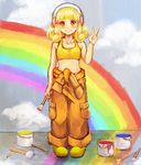  bare_shoulders blonde_hair blush cloud crop_top eyelashes hairband holding kise_yayoi midriff miku_(mitty39) orange_pants paint paintbrush painting pants precure shirt shoes short_hair smile smile_precure! solo tank_top v wall white_hairband yellow_eyes yellow_footwear yellow_shirt 