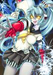  android aqua_hair axe battle_axe blue_hair dark_persona fang glowing glowing_eyes headphones highres houndstooth labrys long_hair miton_(caramel_choco) persona persona_4:_the_ultimate_in_mayonaka_arena pleated_skirt ponytail robot_joints skirt solo unmoving_pattern weapon yellow_eyes 