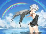  black_wings blue_eyes cloud day grey_hair hair_over_one_eye looking_at_viewer one-piece_swimsuit original outstretched_arms rainbow sky solo spread_arms swimsuit wading water wings yunar 