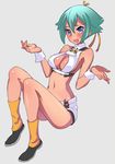  aquarion_(series) aquarion_evol bare_shoulders blue_eyes breasts cleavage cleavage_cutout green_hair hair_ribbon halter_top halterneck large_breasts midriff navel okishiji_en revealing_clothes ribbon short_hair short_shorts shorts shrug simple_background sitting smile solo sweatdrop wrist_cuffs zessica_wong 