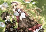  1girl aqua_eyes bad_id bad_pixiv_id blonde_hair book brown_eyes brown_hair cake candy cup dappled_sunlight flower food gosick hairband highres kujou_kazuya lolita_fashion lollipop long_hair momosaka_tamakichi profile rose school_uniform shade short_hair sunlight sweets tea teacup very_long_hair victorica_de_blois 