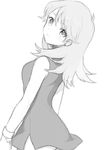  blue_(pokemon) drawr dress earrings from_behind gloves greyscale hirosuke_(psychexx) jewelry long_hair looking_at_viewer looking_back monochrome pokemon pokemon_special short_dress simple_background sleeveless solo white_background 