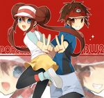  1girl bad_id bad_pixiv_id black_legwear blue_eyes brown_eyes brown_hair copyright_name double_bun grin h_lala jacket kyouhei_(pokemon) long_hair looking_at_viewer mei_(pokemon) miniskirt pantyhose pokemon pokemon_(game) pokemon_bw2 raglan_sleeves red_background ribbon shoes skirt smile sneakers twintails visor_cap 