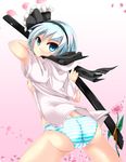 ass black_hairband blue_eyes breasts dress_shirt from_behind hair_ribbon hairband hood hoodie konpaku_youmu leaf looking_at_viewer looking_back nipples no_bra no_pants open_clothes open_shirt panties ribbon sheath sheathed shirt short_hair silver_hair small_breasts solo striped striped_panties sword t.o.d touhou underwear weapon 