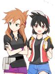  alternate_costume backpack bag black_hair brown_hair crossed_arms drawr genderswap genderswap_(mtf) green_eyes half_updo hirosuke_(psychexx) jewelry long_hair looking_away multiple_girls ookido_green open_mouth pendant pokemon pokemon_special red_(pokemon) red_eyes short_hair shorts simple_background skirt smile white_background 