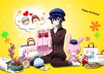  androgynous bad_food bad_id bad_pixiv_id birthday black_eyes blue_hair cabbie_hat cake crossdressing doujima_nanako food gift hat kuma_(persona_4) machinosuke narukami_yuu persona persona_4 reverse_trap school_uniform shirogane_naoto short_hair stuffed_animal stuffed_bunny stuffed_toy 